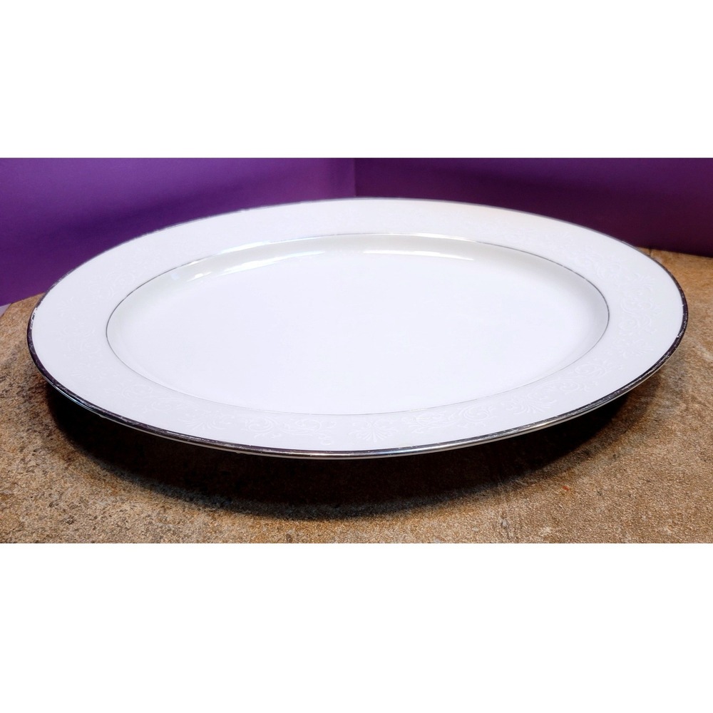 Noritake Ivory China Marseille 7550 Oval Serving Platter 13 Inch Platinum Trim